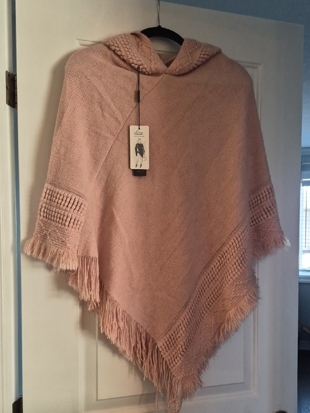 Women's Pink Hooded Fringe Poncho Sweater
